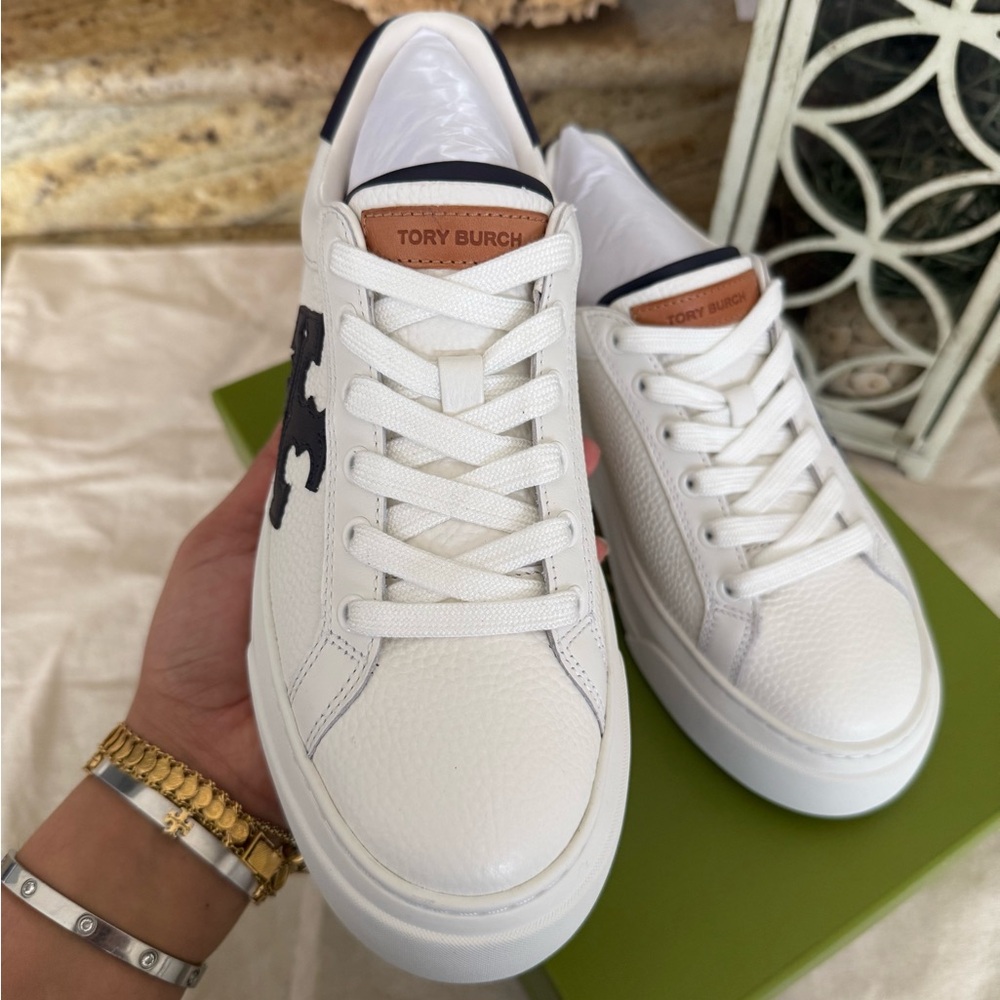 Tory Burch White and Navy Platform Sneakers - Picture 5 of 9